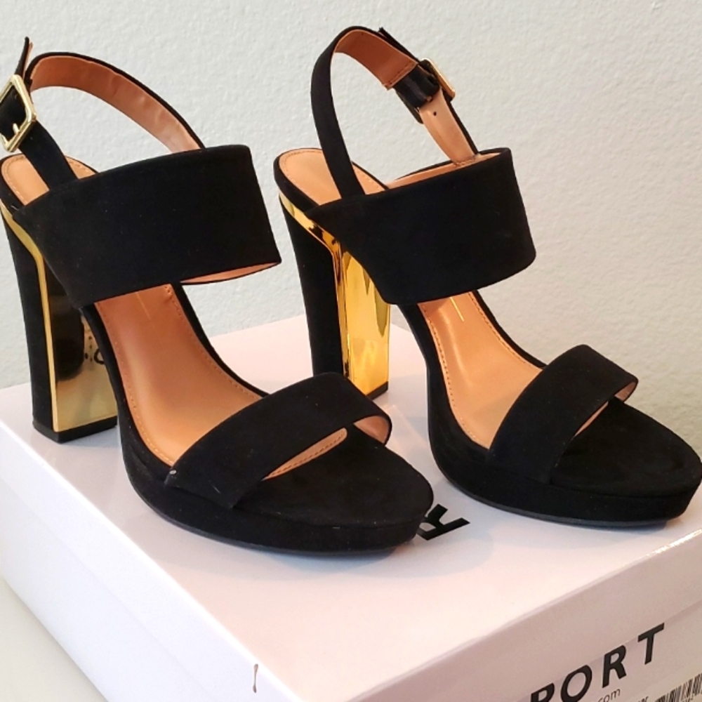 Report "Ladia" black and gold platform dressy sandals with ankle strap  sz 9